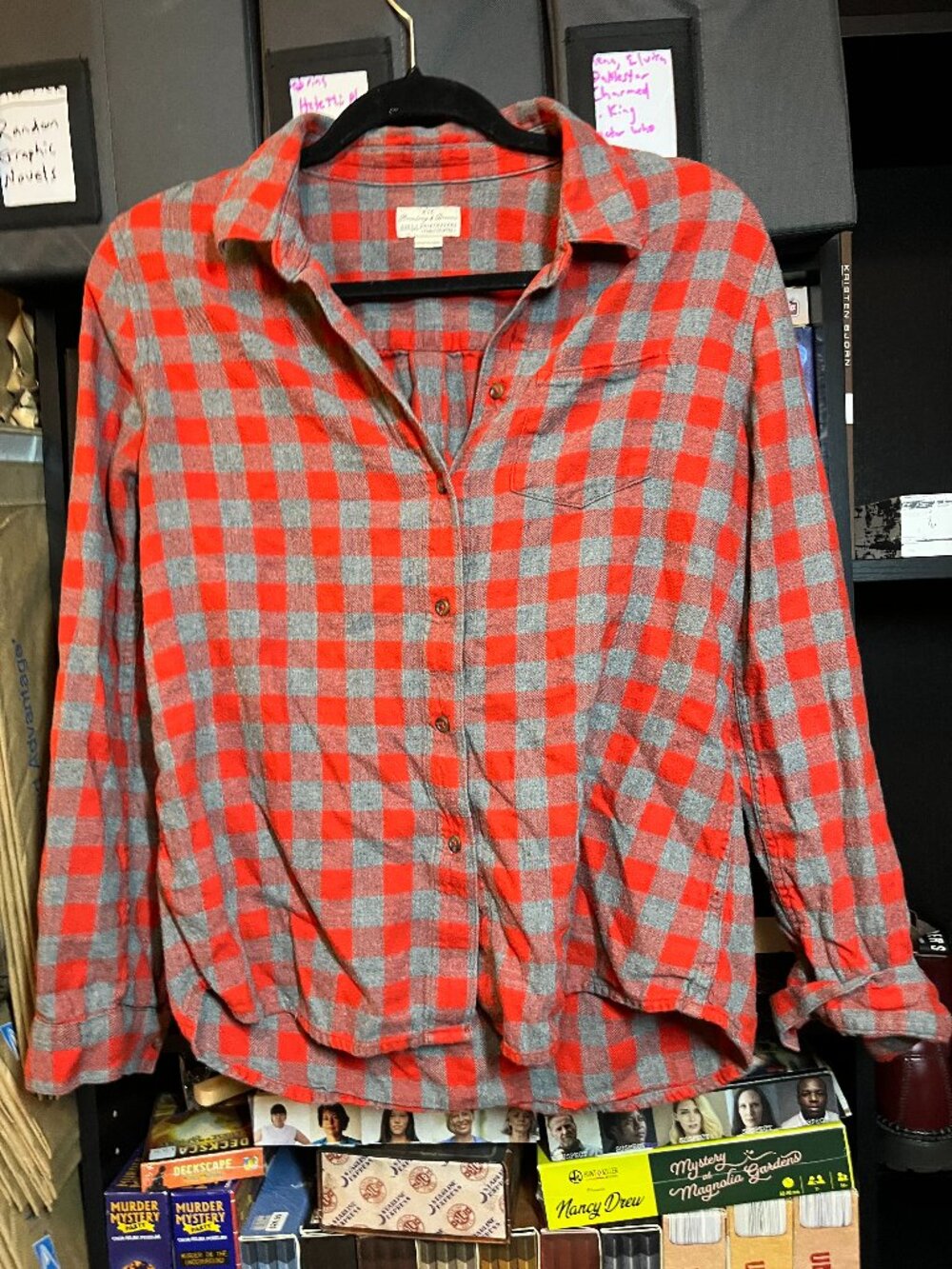 Broadway & Broome NYC Red Gray Buffalo Plaid Button Front Flannel Shirt M